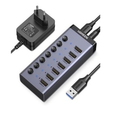 Bộ HUB chia 7 cổng USB 3.0 tốc độ 5Gbps vỏ nhôm, công tắc Ugreen 90307 (kèm nguồn 12V2A-EU) cao cấp