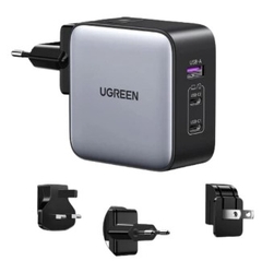 Ugreen 90409 65W Bộ sạc nhanh Nexode GaN 2 cổng USB Type-C + USB-A Màu Đen kèm 3 chuẩn cắm