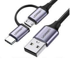 Cáp sạc, dữ liệu 2 in 1 USB A sang USB Micro + Type-C dài 1M Ugreen 30875 Sạc nhanh, bện dù, cao cấp