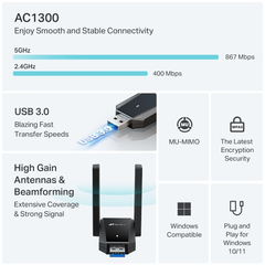 USB Wi-Fi TP-Link Archer T5U Plus (Wi-Fi 5, AC1300, băng tần kép, 2 ăng-ten, USB 3.0)