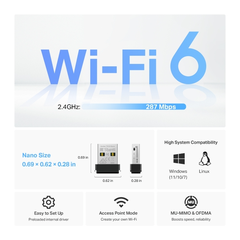 USB Wi-Fi Nano TP-Link Archer TX1U Nano (Wi-Fi 6, AX300, 2.4GHz, USB 2.0)