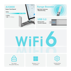 USB Wi-Fi TP-Link Archer TX50UH (Wi-Fi 6, AX3000, băng tần kép, ăng-ten độ lợi cao, USB 3.0)