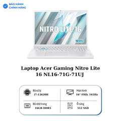Laptop Acer Gaming Nitro Lite 16 NL16-71G-71UJ NH.D59SV.002(Intel Core i7-13620H | RTX3050 | 16 inch FHD+ | 16GB | 512GB | Win 11 Home | Trắng)
