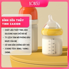 ZAXION | Bình Sữa Thủy Tinh Chống Đầy Hơi Bọc Silicone Dung Tích 80ml - 240ml