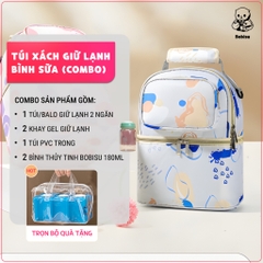 [Combo 4 Món] Túi Xách Giữ Lạnh Sữa Mẹ Cao Cấp Kèm 2 Bình Thủy Tinh 180ml + Khay Gel Giữ Lạnh
