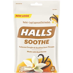 HALLS - SOOTHE RELIEVES COUGHS & SOOTHES SORE THROATS (KẸO HO MẬT ONG,VANILLA 30 VIÊN)