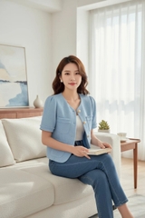 Áo tweed cổ tròn cài cúc túi ốp ngực rút tua