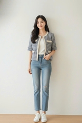 Áo tweed cổ tròn dáng suông ngắn rút rua cài cúc