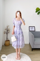 Váy cổ vuông nơ cổ xếp li eo