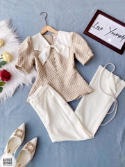 Áo cổ nơ phối tay bồng dáng peplum