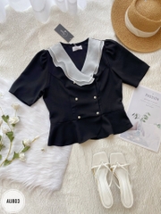 Áo cổ tim hai hàng cúc dáng Peplum