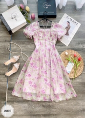 Váy cổ vuông thắt nơ bấu mí ngực thân can xòe