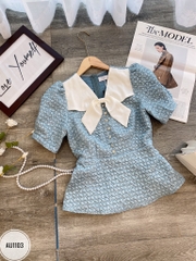 Áo cổ nơ phối tay bồng dáng peplum