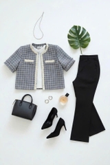 Áo tweed cổ tròn dáng suông ngắn rút rua cài cúc