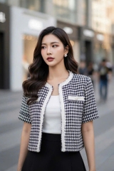 Áo tweed cổ tròn dáng suông ngắn rút rua cài cúc