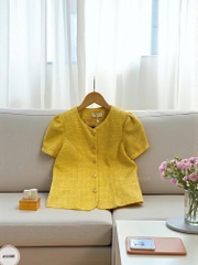 Áo tweed cổ tròn cài cúc vạt tròn tay bồng