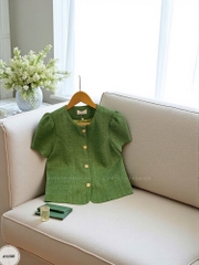 Áo tweed cổ tròn cài cúc vạt tròn tay bồng