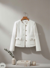 Áo dạ Tweed cổ tròn túi sườn