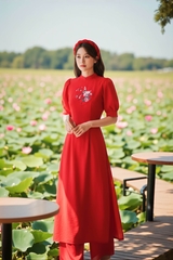 Áo dài cổ tàu tay xếp li thêu thủ công