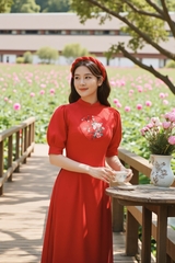 Áo dài cổ tàu tay xếp li thêu thủ công