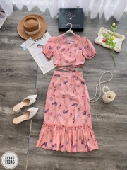 Set áo croptop vạt chéo thắt dây eo & Chân váy dài dáng nhún đuôi cá