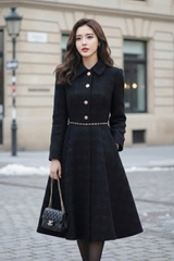 Váy dạ tweed dáng xòe dài tay cổ đức