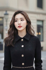 Váy dạ tweed dáng xòe dài tay cổ đức