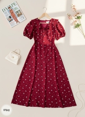 Váy hoa tay bồng, cổ bèo thắt nơ