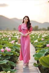 Áo dài cổ tàu tay xếp li thêu thủ công