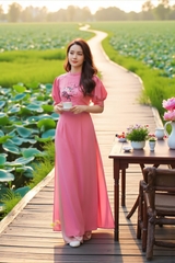 Áo dài cổ tàu tay xếp li thêu thủ công