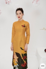 Sét áo dài in hình cô gái và hoa tuy líp vải gấm