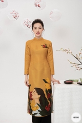 Sét áo dài in hình cô gái và hoa tuy líp vải gấm