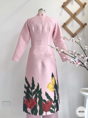 Sét áo dài in hình cô gái và hoa tuy líp vải gấm