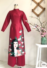 Sét áo dài in hình cô gái đeo kính vải Taffa