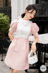Váy cổ tròng cao thắt nơ, ngực phối bấu mí