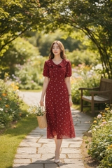 Váy hoa tay bồng, cổ bèo thắt nơ