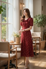 Váy hoa tay bồng, cổ bèo thắt nơ