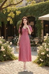 Váy hoa tay bồng, cổ bèo thắt nơ