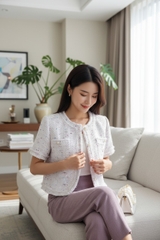 Áo tweed cổ tròn nẹp rút rua, túi ngực