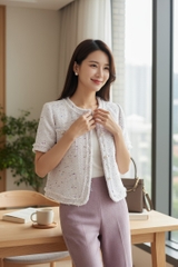 Áo tweed cổ tròn nẹp rút rua, túi ngực