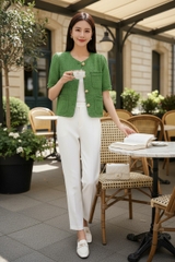 Áo tweed cổ tròn cài cúc túi ốp ngực rút tua