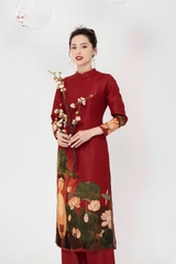 Sét áo dài in hình cô gái và hoa sen vải gấm