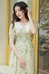 Váy cổ tim lá cổ phối tơ chân xòe nep đính cúc