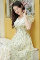 Váy cổ tim lá cổ phối tơ chân xòe nep đính cúc