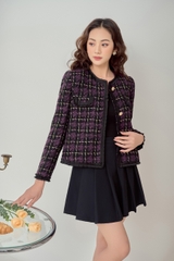 Áo tweed cổ tròn cài cúc dáng ngắn, nẹp phối dây xếp li
