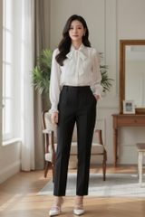 Áo sơ mi dáng suông nơ cổ, tay dài bồng