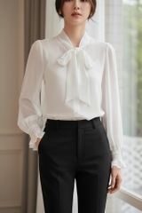 Áo sơ mi dáng suông nơ cổ, tay dài bồng