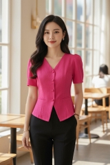 Áo sơ mi cổ tim tay bồng