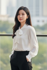 Áo sơ mi dáng suông nơ cổ, tay dài bồng