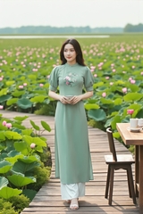 Áo dài cổ tàu tay xếp li thêu thủ công